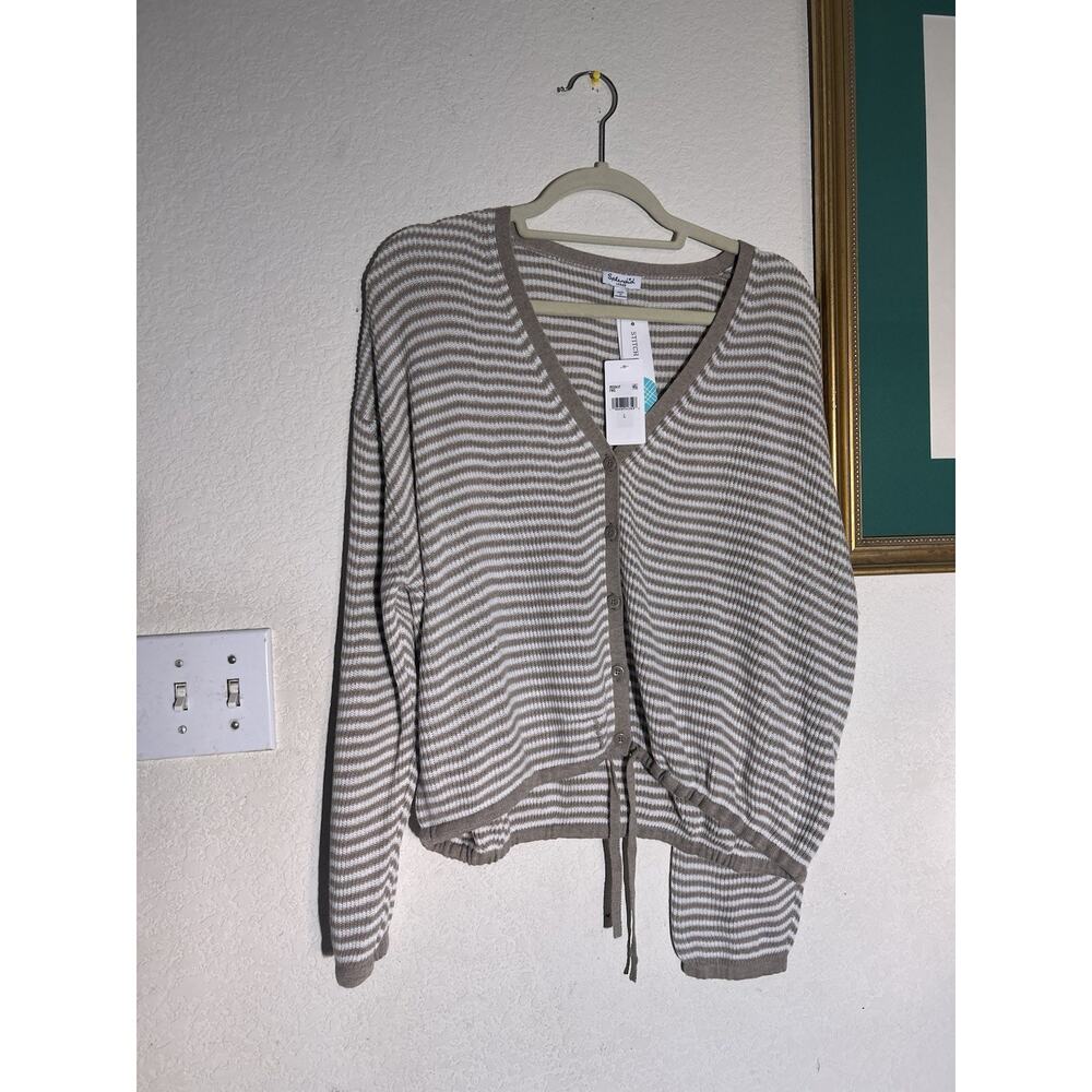 Splendid Collection Striped Knit Cardigan Button Front Drawstring Waist Size L